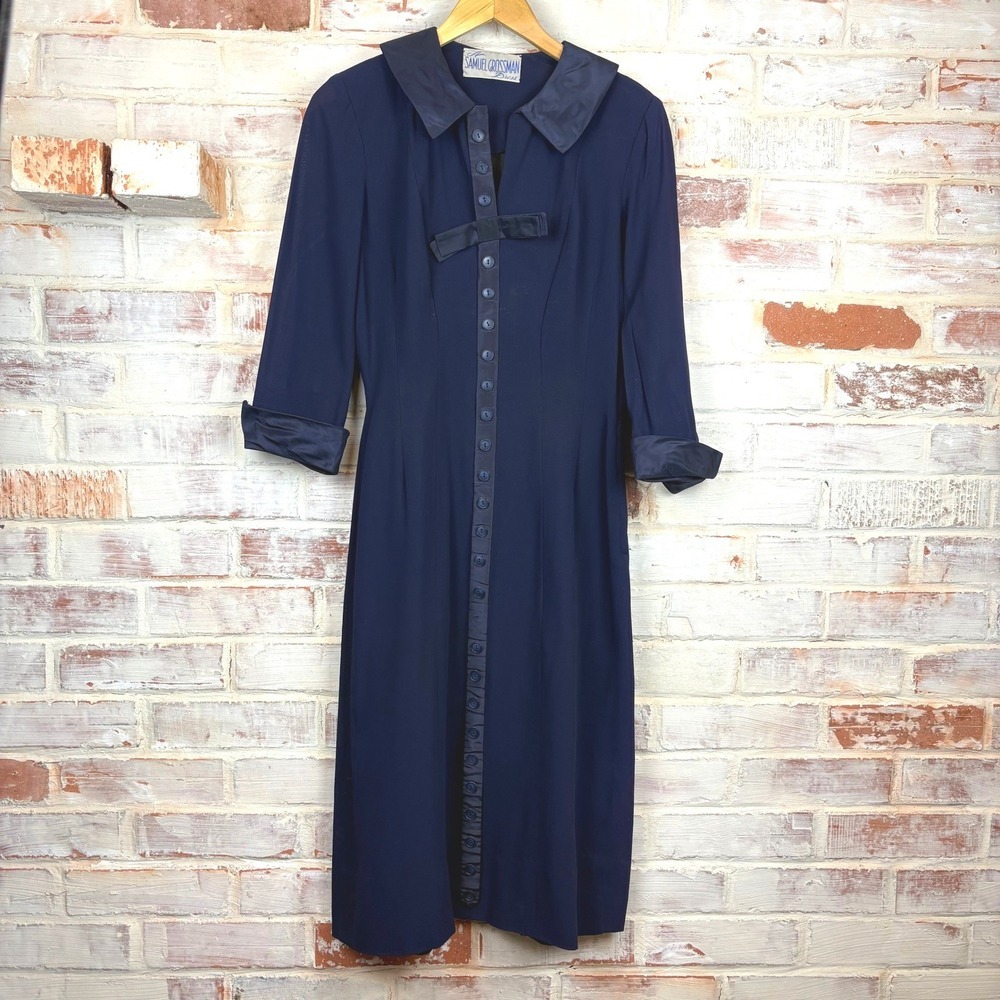 1940s A SAMUEL GROSSMAN DRESS Navy Satin Trim Bows Midi True Vintage